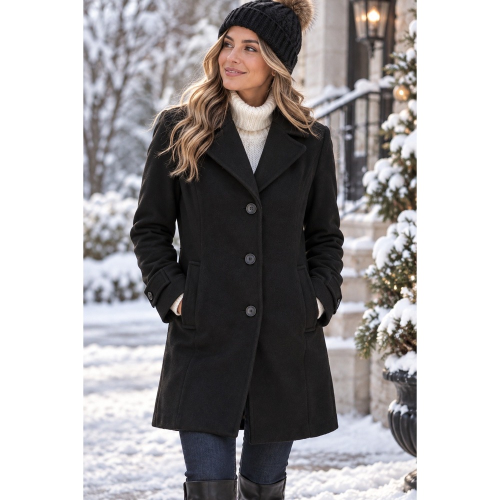 LL Bean Womens 16P Black 100% Lambswool Insulated Car Coat 260346 Petite